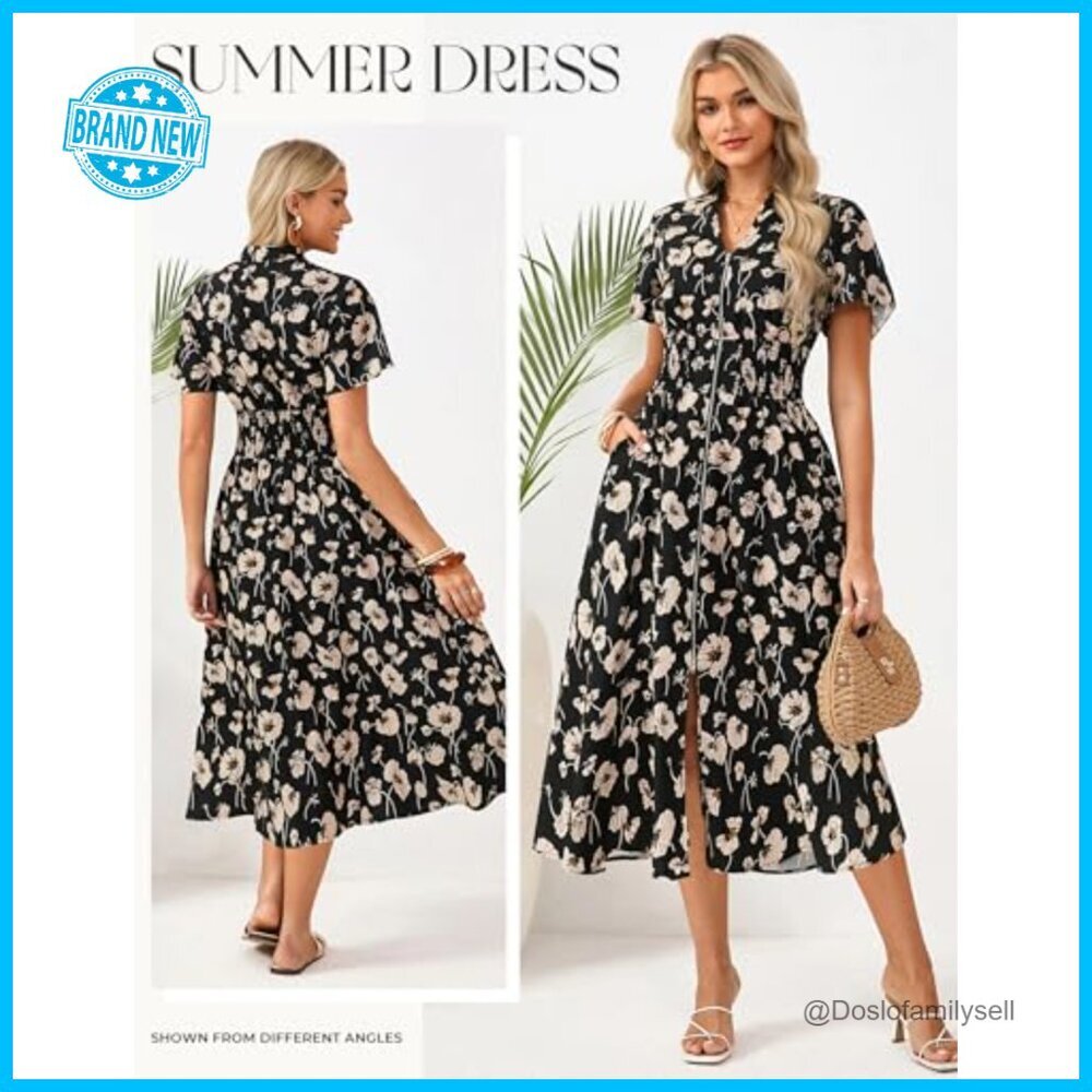 Floral Maxi Dress Casual Boho Flowy Summer Zipper Front Pockets Midi - Picture 3 of 6